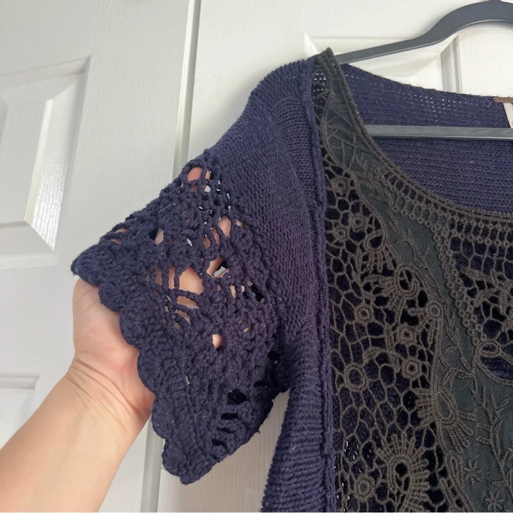 Oversized Free People Crochet Short Sleeve Blouse Shirt Top Ruffle Black Blue XS